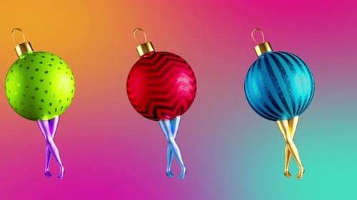 rangée infinie d'ornements de boules de verre colorées avec des jambes de mannequin dansant