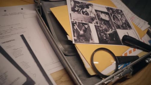Bureau encombré recouvert de documents classifiés et top secrets, y compris des cartes et des photos.