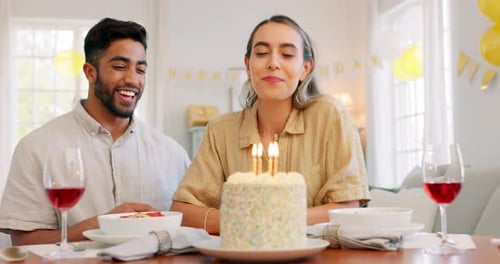 Birthday cake, celebration and wine with couple hug, love and date in home living room together
