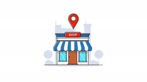 Animated Flat Design Shop with Dropping Location Pin