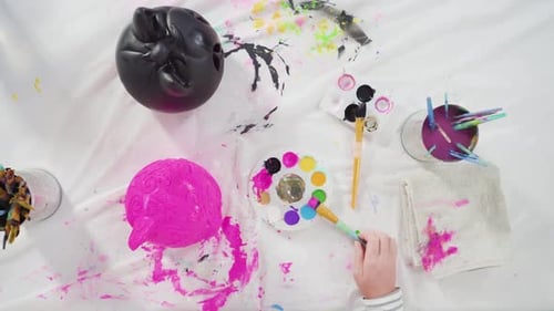 Flat Lay Painting Craft Pumpkin with Acrylic Paint for Halloween
