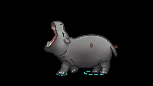 Animated Cartoon Hippo Walking Cycle with Mouth Open