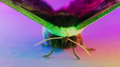 Night Butterfly Saturnia Pyri Giant Peacock Moth Under Colorful Neon Light