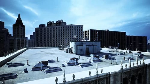 Rooftop View of a City Skyline Under a Cloudy Sky at Dusk with Modern Buildings