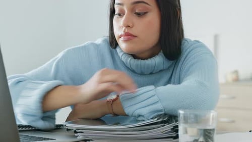 Sad, depression or woman on laptop for education, college elearning or university school study