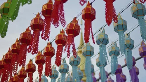 Hanging one hundred of multi colours lantern light lamp for Loy Krathong Festival in Lampune.