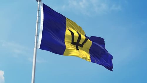 Barbados National Flag Waving Realistically in Blue Sky