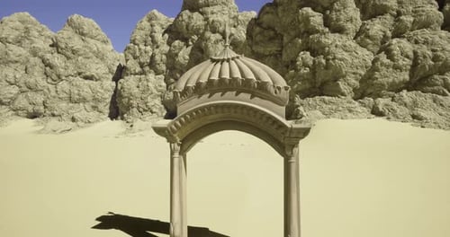 Dome Structure Stands Amidst Sandy Landscape and Rocky Formations