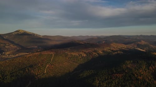 Aerial Panoramic View of the Scenic Landscape at Sunset Drone Slowly Panning Footage Over Carpathian
