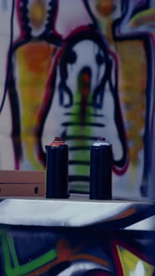 Vertical Video Cans of Graffiti Paint and Pizza Boxes Left Over By Teens in Derelict Building