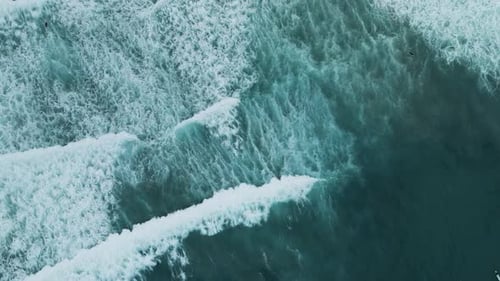 Aerial view of waves and surfers, United States.