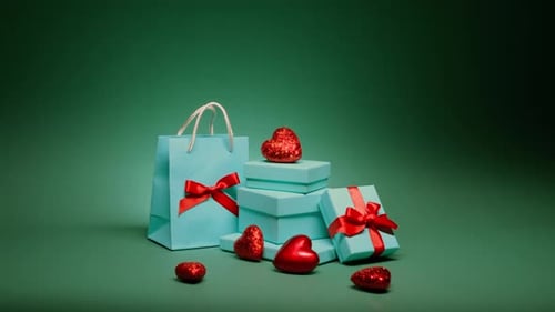 Weihnachtsgeschenke mit grünem Hintergrund und Schmuck zum Geburtstag, Jahrestag, Weihnachten