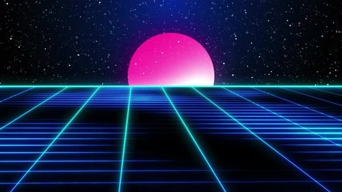 Retro Land Animation With Grid And Sun. 80's Synth Wave Style Retro Background, Futuristic Retro Lan