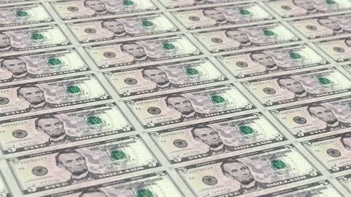 5 Dollar Bills On Money Printing Machine