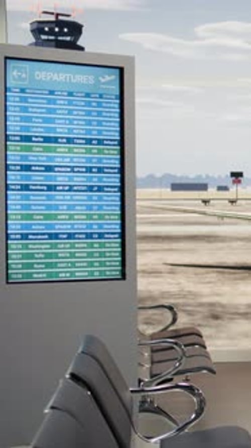 Vertical Video Empty Airport Lounge with View of the Runway and Board Displaying Flight Details