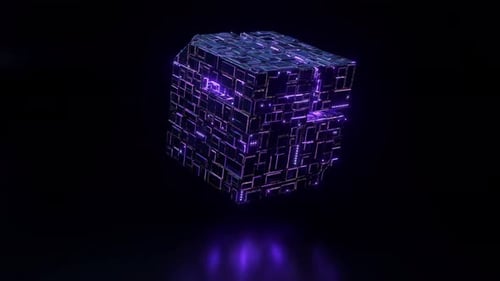 Die Rotation eines SciFi-Würfels mit neonleuchtenden Elementen