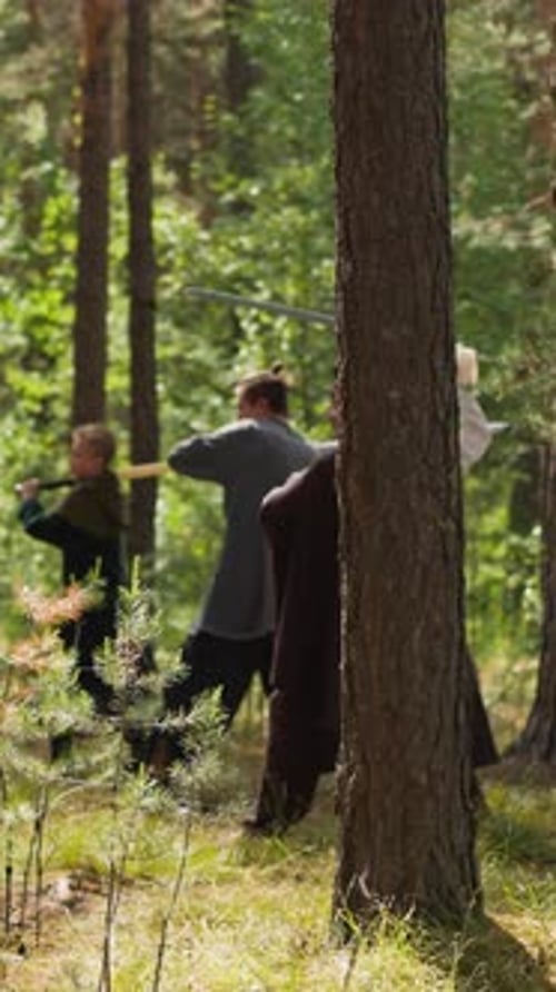 Figures Sword Fighting in Sunny Forest Landscape
