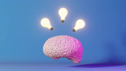 Human brain glowing light bulb neon background 3d animation Creative idea Artificial intelligence 4K