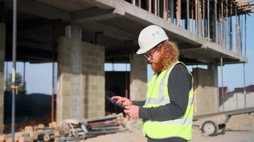 Tired bearded engineer in vest and white protective helmet working at building with a tablet.