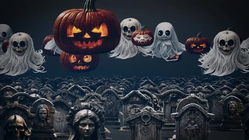 Haunting Halloween Night Cemetery Of Spooky Specters & Jack O' Lanterns 4k