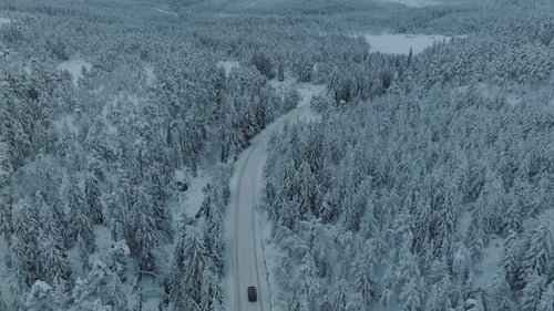 Snowy landscape in Norway with snow covered tree tops. Electric car driving into the scene