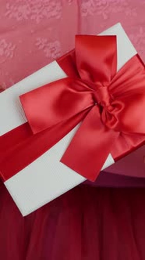 Female showing present gift box with red ribbon bow, close up. Vertical video