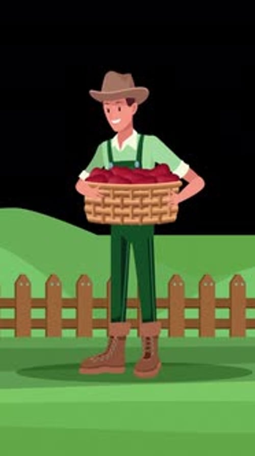 Farmer Holding A Fruit And Vegetable Basket On Vertical On Alpha Channel