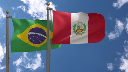 Realistic Waving Flags of Brazil and Peru on Flagpoles Under Blue Sky