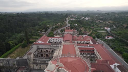 The convent of christ in tomar, portugal with surrounding landscape, aerial view
