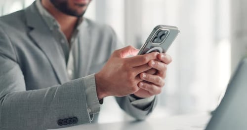 Phone, hands and businessman in office for typing email with communication on mobile app