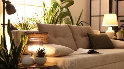 Cozy interior with sofa, lamps, and houseplants