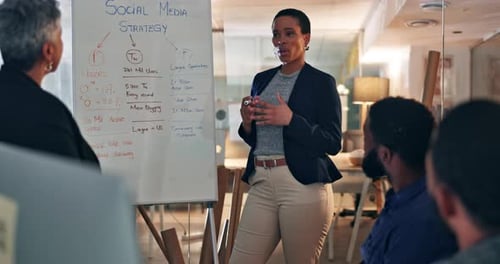 Presentación, pizarra y empresaria planificando una estrategia con un equipo en la oficina para creativos