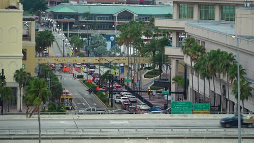 View From Above of American Wide Street in Tampa Florida with Dense Traffic of Driving Cars During
