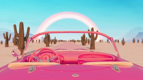 Animación de carretera mundial rosa, pov, carretera desértica con cactus en el mundo de Barbie