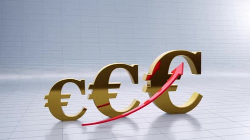 Rising Euro Symbols with Upward Red Arrow