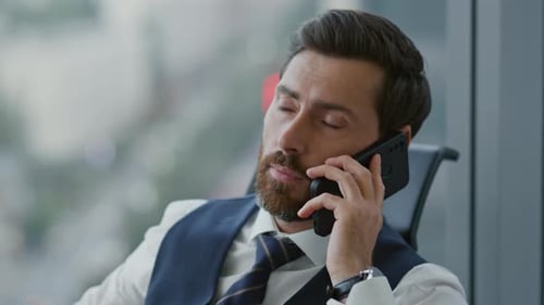 Closeup Confident Ceo Manager Calling Phone Talking With Business Partners Workers Clients. Portr...