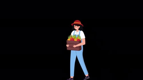 Female Farmer Holding A Fruit And Vegetable Basket 4K On Alpha Channel