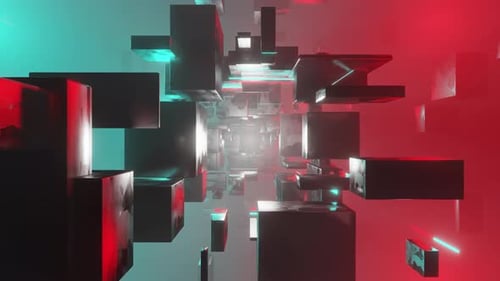 Sci-fi tunnel in a foggy space with rotating geometry shrinks and expands 3d render. Industrial