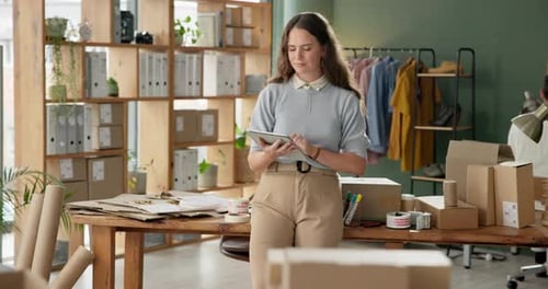 Delivery, online order and tablet with woman in office for distribution, logistics or supply chain