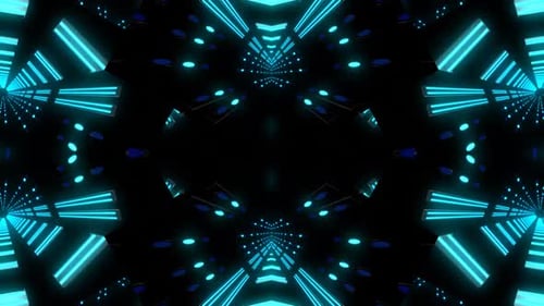 Dynamic blue neon tunnel with pulsating lights creates futuristic journey
