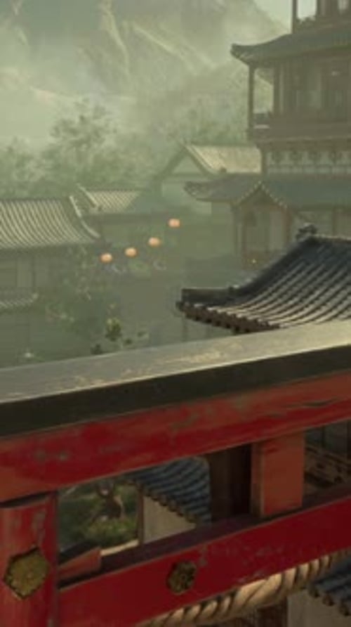 An Oriental City with a Red Gate and Mountains in the Background