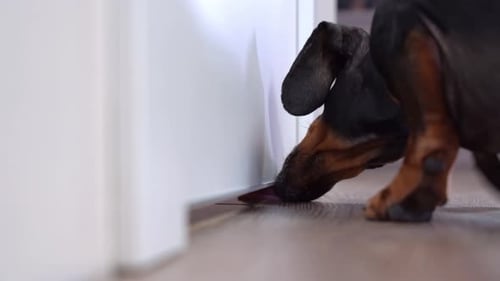 Curious dog sniffs floor near door