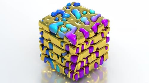 Abstract Golden Cube with Morphing Liquid Flow