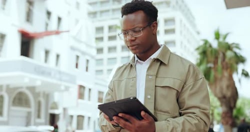Business, city and black man with tablet, thinking and internet with connection and solution