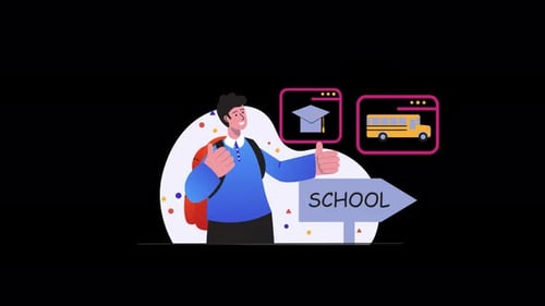 Cheerful student with backpack by school sign, cartoon style