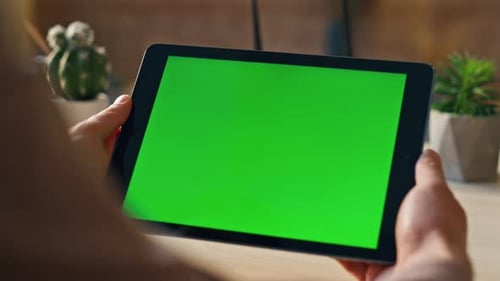 Freelancer Hands Holding Tablet Working Remote at Home Close Up Mockup Monitor