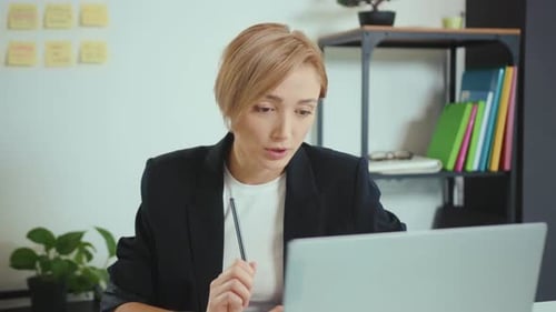 Close Up Businesswoman Working in the Office Sitting at Desk Use Laptop Computer Smiling Workplace