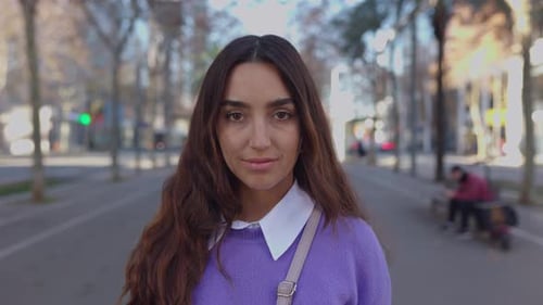 Young Latin American Trendy Woman Looking at Camera Smile in City
