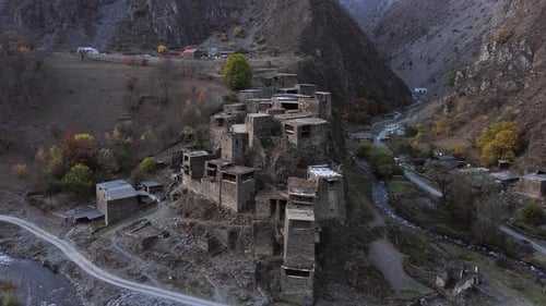 Aerial view of ancient castel in Khevsureti - Georgia