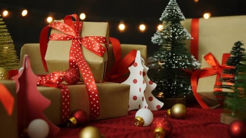 Christmas Gift Display with Brown Paper and Red Ribbons